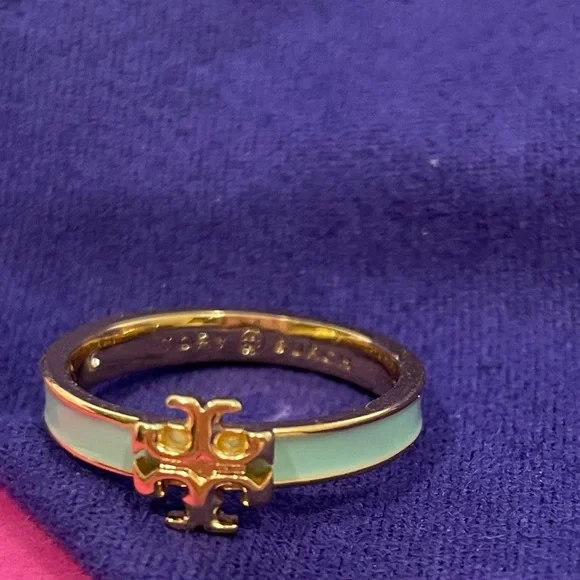 Tory Burch Gold Ring with Mint Enamel New with Bag. Size 7 - Picture 2 of 5